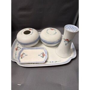 Antique German Porcelain Vanity Set P.K. Silesia Prov Saxe Floral 5 Piece Tray